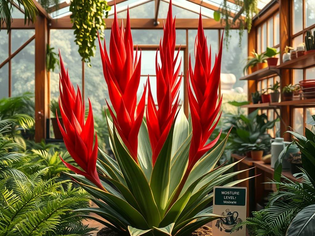 How to Care for Guzmania (Large Plant)? Warm filtered light, moist, no waterlogging, large bright red spikes
