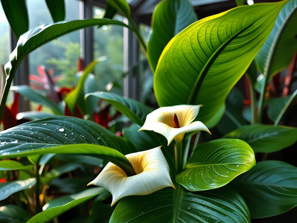 How to Care for Alocasia (Large Plant)? Warm humid, large green leaves, spathe flowers