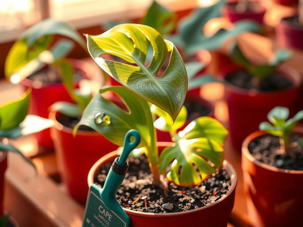 How to Care for Monstera (Seedling)? Warm filtered light, moist, no waterlogging, shallowly lobed leaves